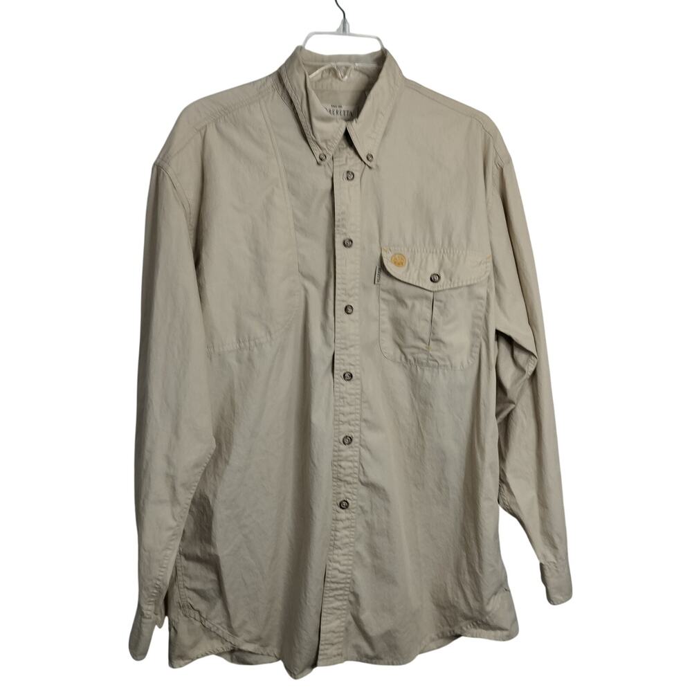 M1095)Beretta Men's Beige Button Down Long Sleeve Hunting Fishing Shirt Large